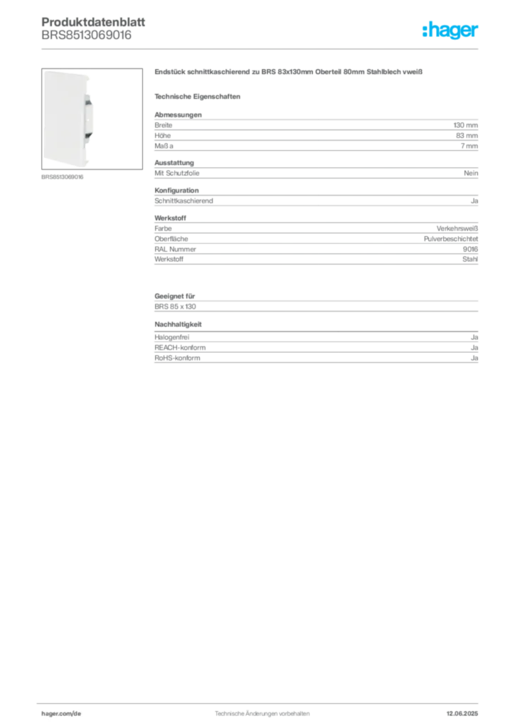 Bild Hager Produktdatenblatt BRS8513069016 | Hager Deutschland