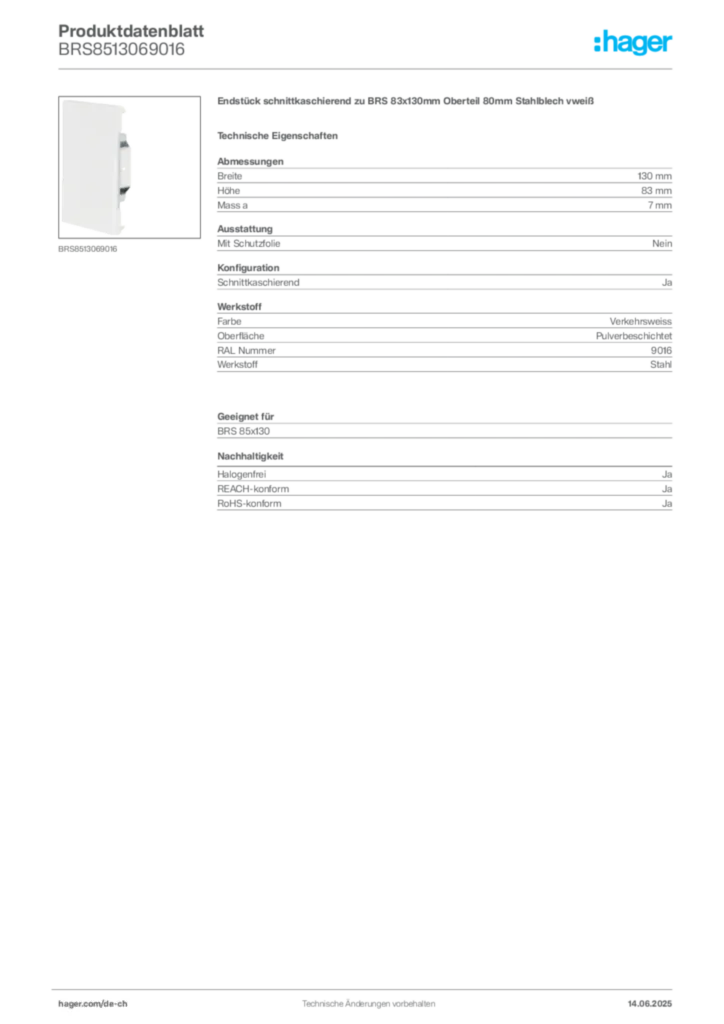 Bild Hager Produktdatenblatt BRS8513069016 | Hager Schweiz
