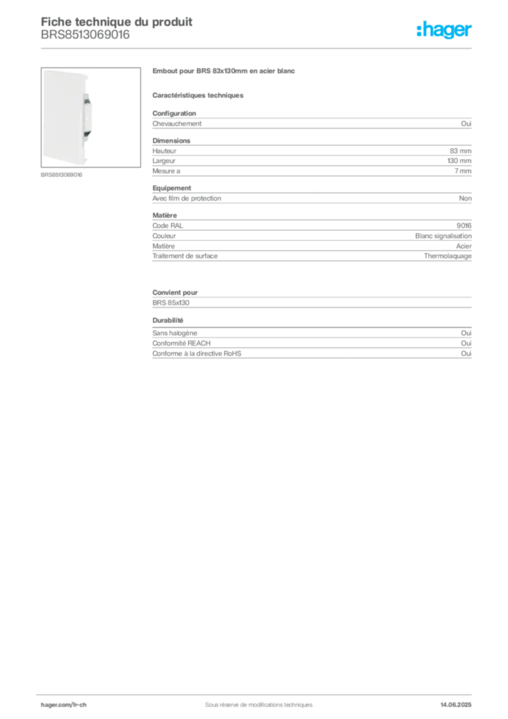 Image Hager Fiche technique du produit BRS8513069016 | Hager Suisse