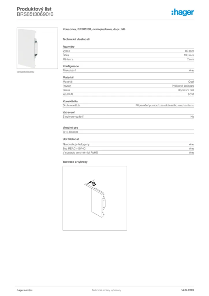 Obrázek Hager Product data sheet BRS8513069016 | Hager