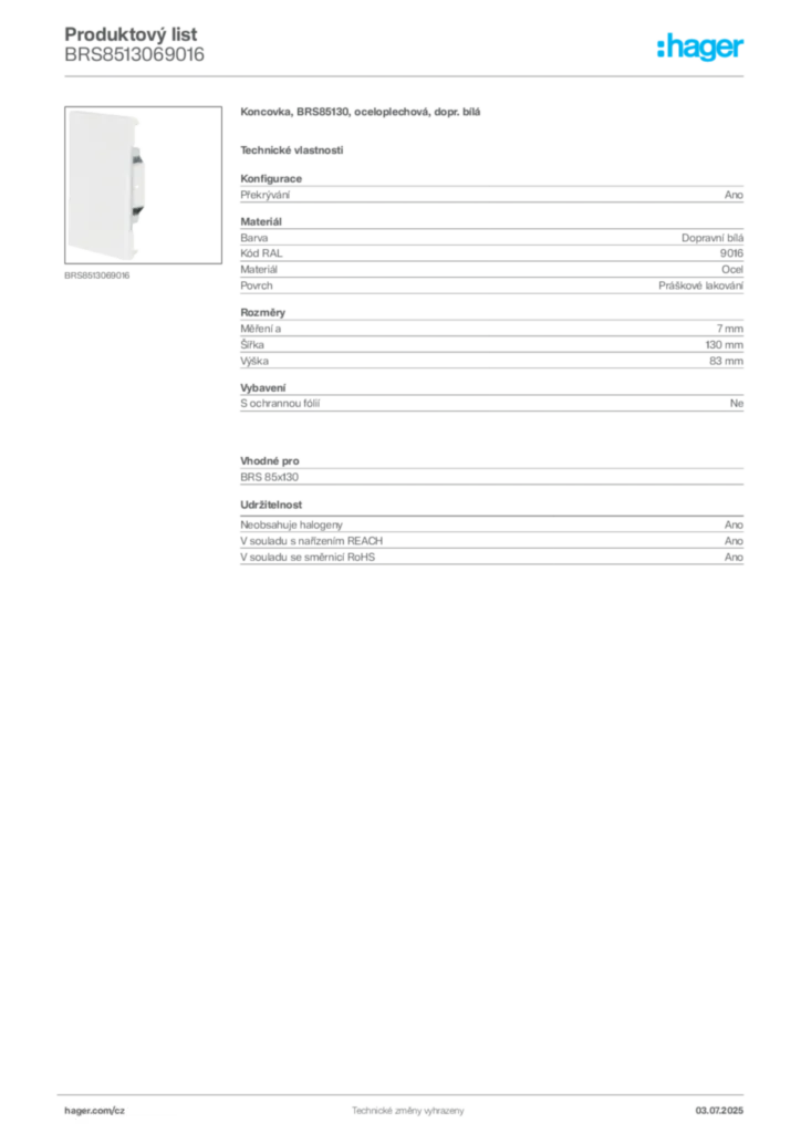 Obrázek Hager Produktový list BRS8513069016 | Hager