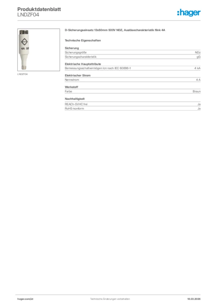 Bild Hager Produktdatenblatt LNDZF04 | Hager Deutschland