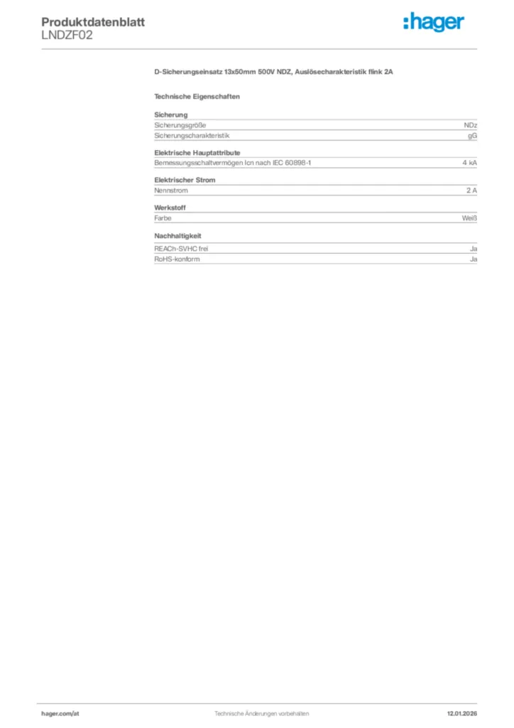 Bild Hager Produktdatenblatt LNDZF02 | Hager Deutschland