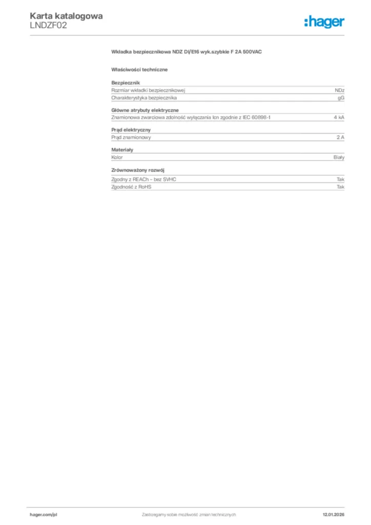 Zdjęcie Hager Karta katalogowa LNDZF02 | Hager Polska