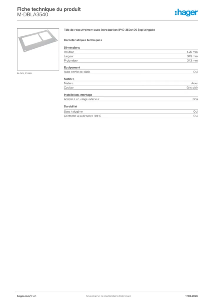 Image Hager Fiche technique du produit M-DBLA3540 | Hager Suisse