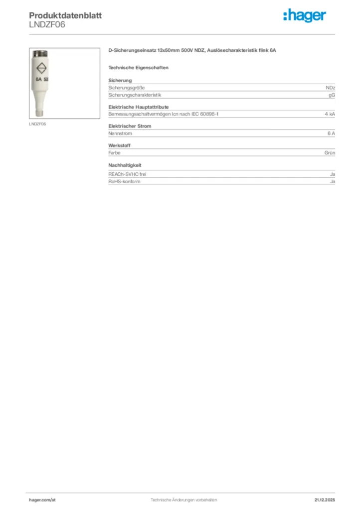 Bild Hager Produktdatenblatt LNDZF06 | Hager Deutschland