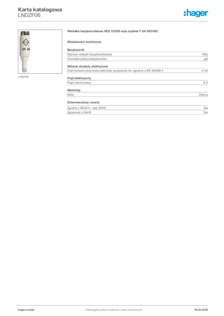 Zdjęcie Hager Karta katalogowa LNDZF06 | Hager Polska