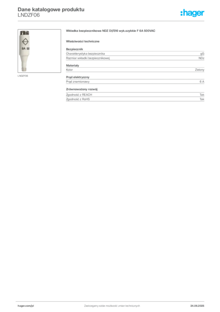 Zdjęcie Hager Dane katalogowe produktu LNDZF06 | Hager Polska