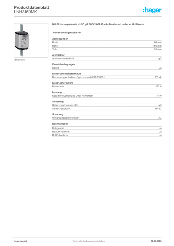 Bild Hager Produktdatenblatt LNH3160MK | Hager Deutschland