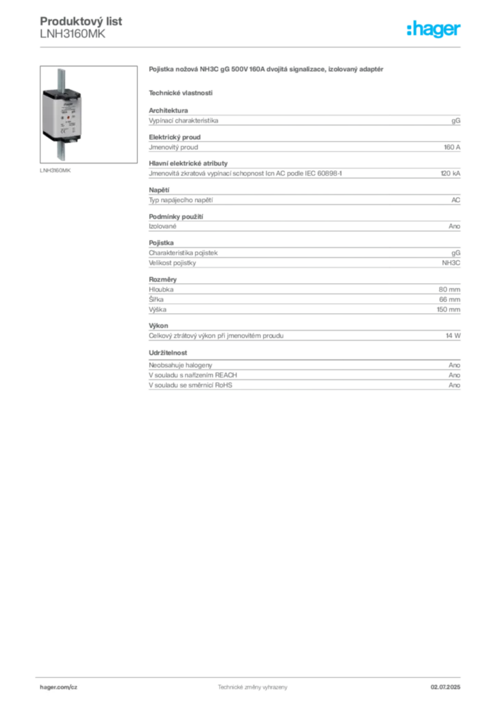 Obrázek Hager Produktový list LNH3160MK | Hager