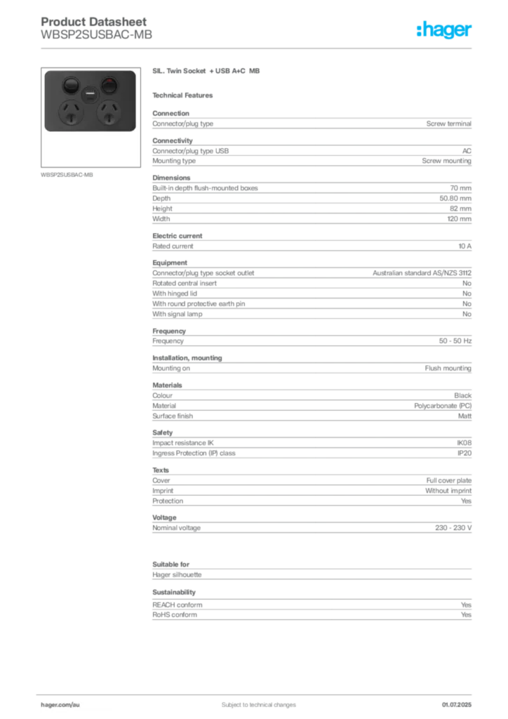 Image Hager Product data sheet WBSP2SUSBAC-MB  | Hager Australia