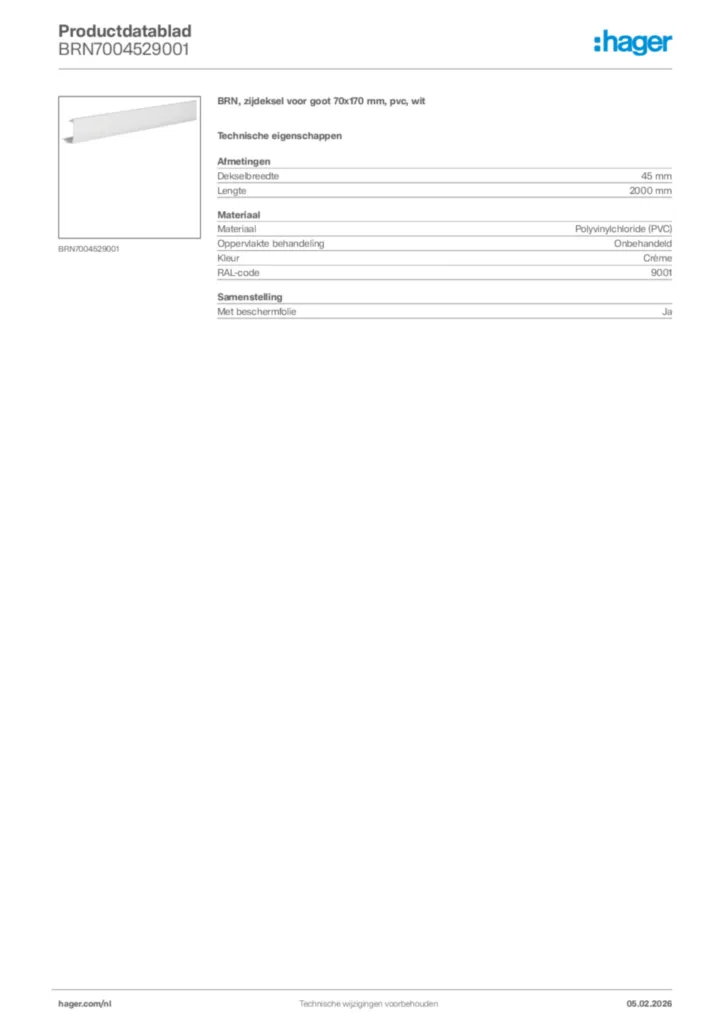 Afbeelding Hager Productdatablad BRN7004529001 | Hager Nederland