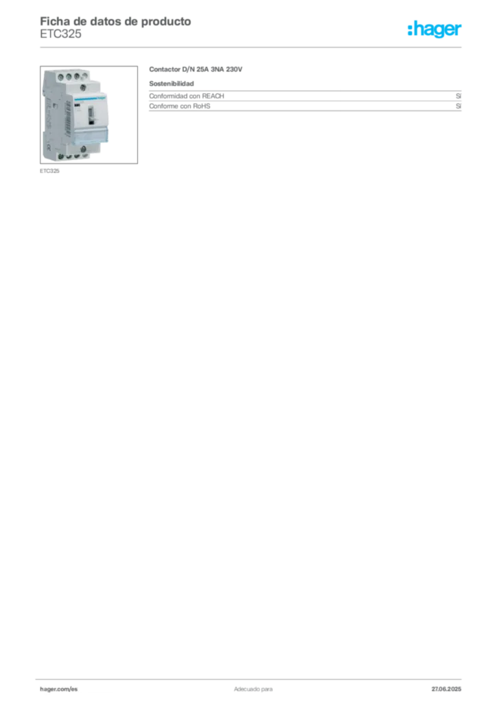 Imagen Hager Ficha de datos de producto ETC325 | Hager España
