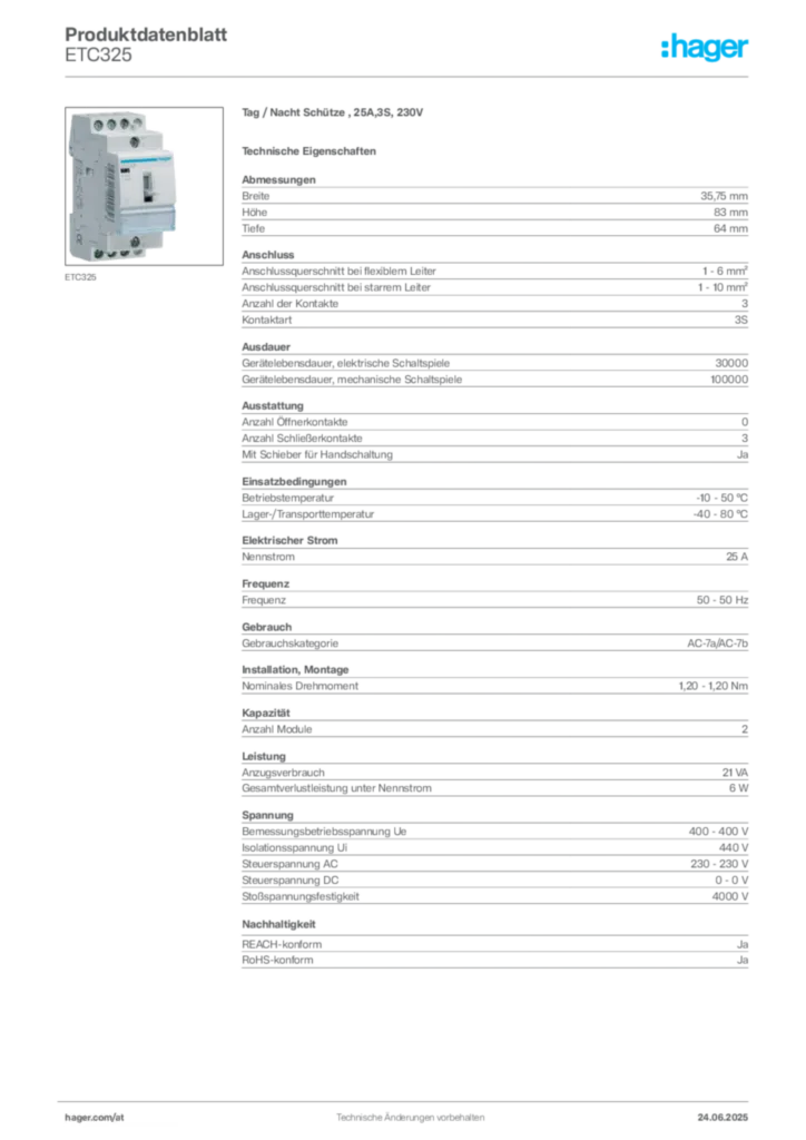 Bild Hager Produktdatenblatt ETC325 | Hager Deutschland