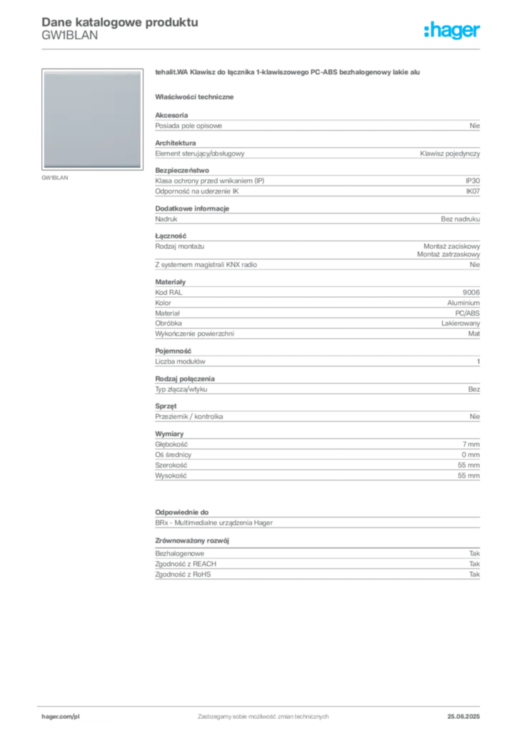 Zdjęcie Hager Dane katalogowe produktu GW1BLAN | Hager Polska