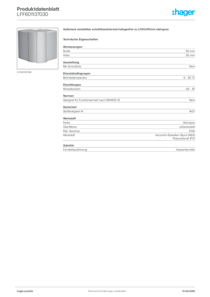 Bild Hager Produktdatenblatt LFF601137030 | Hager Deutschland
