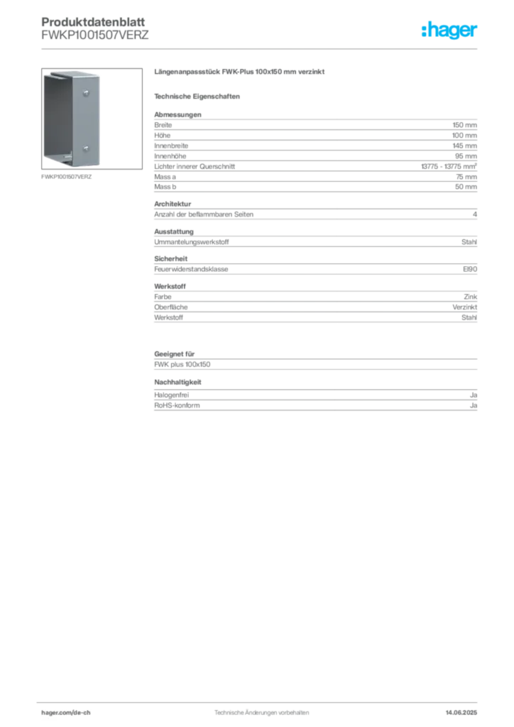 Bild Hager Produktdatenblatt FWKP1001507VERZ | Hager Schweiz