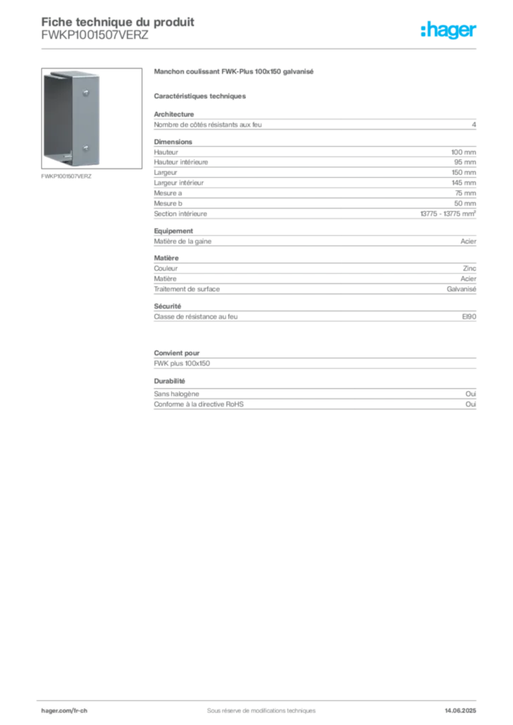 Image Hager Fiche technique du produit FWKP1001507VERZ | Hager Suisse