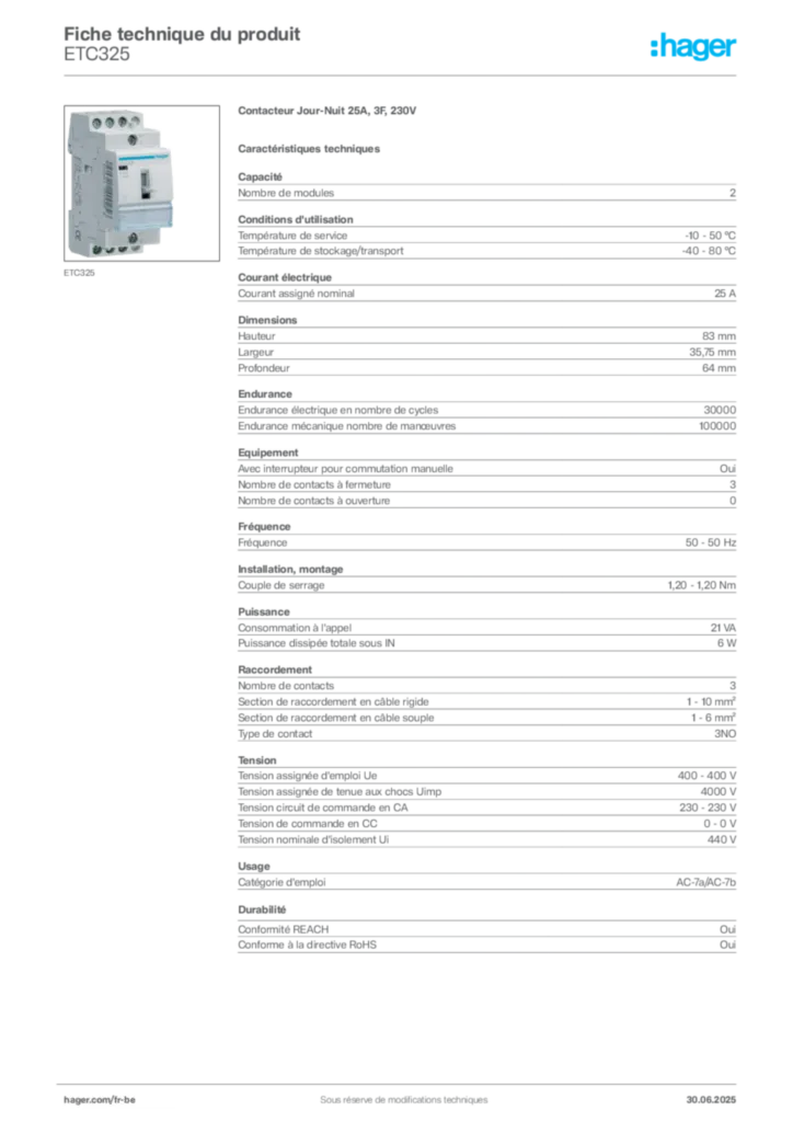 Image Hager Fiche technique du produit ETC325 | Hager Belgique