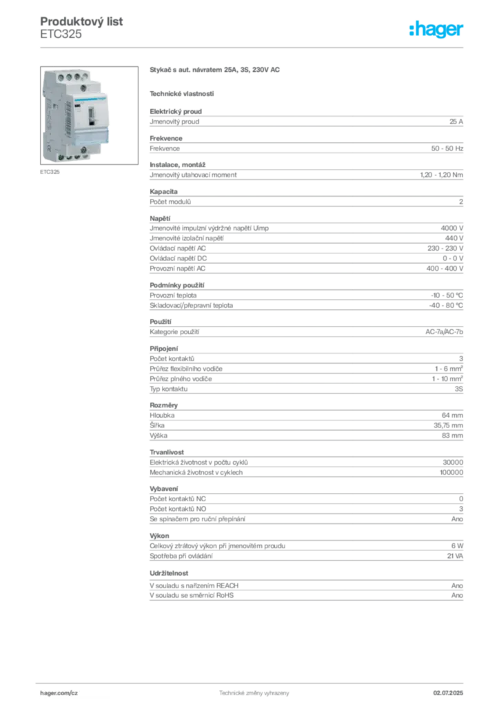 Obrázek Hager Produktový list ETC325 | Hager
