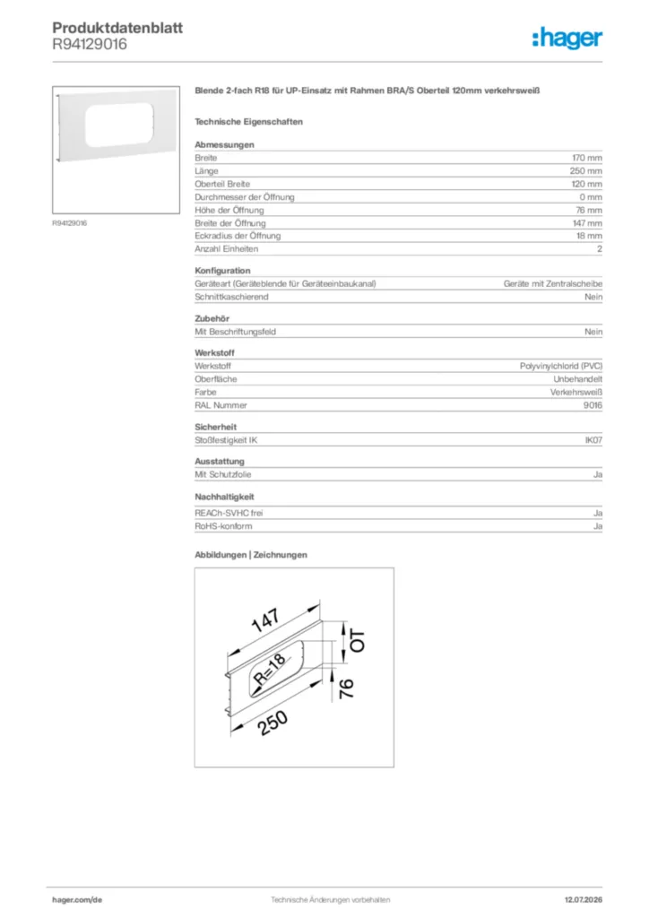 Bild Hager Produktdatenblatt R94129016 | Hager Deutschland