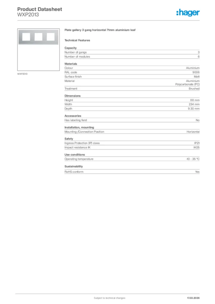 Image Hager Product data sheet WXP2013  | Hager Africa