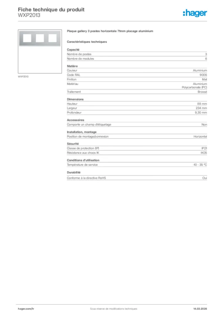 Image Hager Fiche technique du produit WXP2013 | Hager France