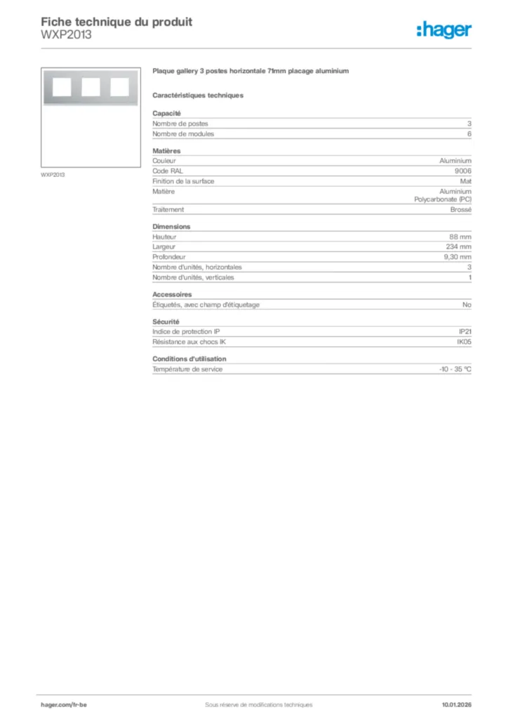 Image Hager Fiche technique du produit WXP2013 | Hager Belgique