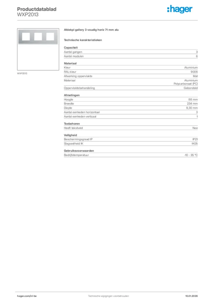 Afbeelding Hager Productdatablad WXP2013 | Hager Belgium