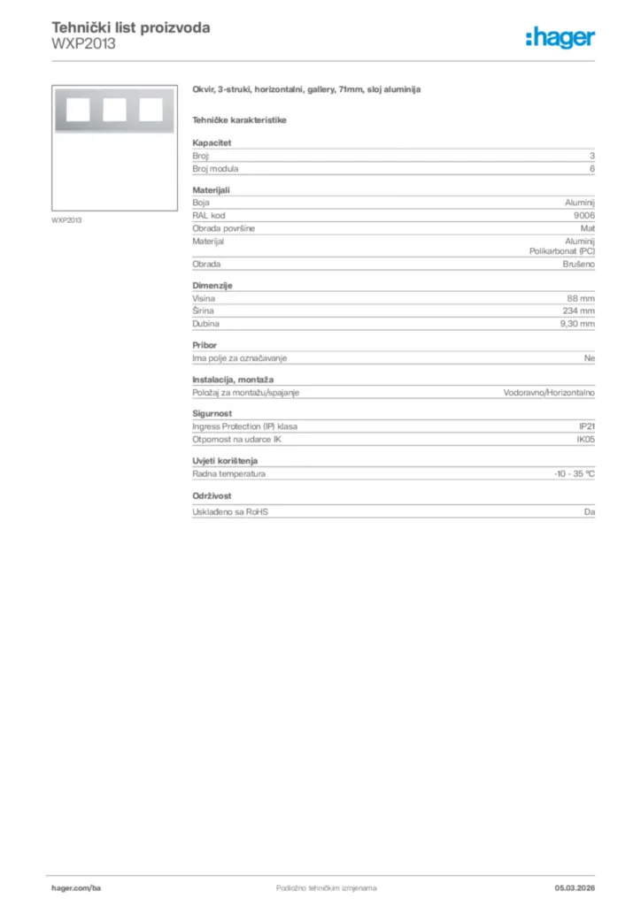 Slika Hager Tehnički list proizvoda WXP2013  | Hager