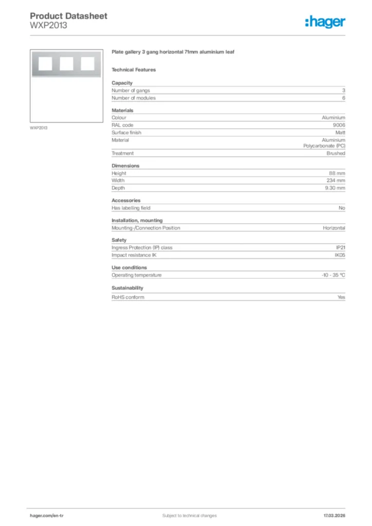 Image Hager Product data sheet WXP2013  | Hager