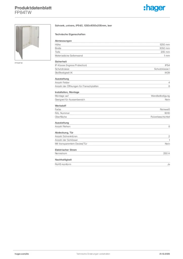 Bild Hager Produktdatenblatt FP84TW | Hager Deutschland