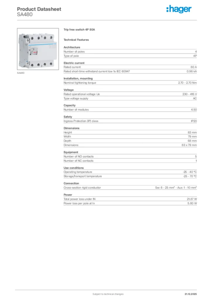 Image Hager Product data sheet SA480  | Hager Africa