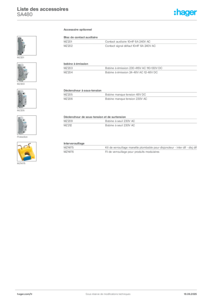 Image Hager Fiche technique du produit SA480 | Hager France