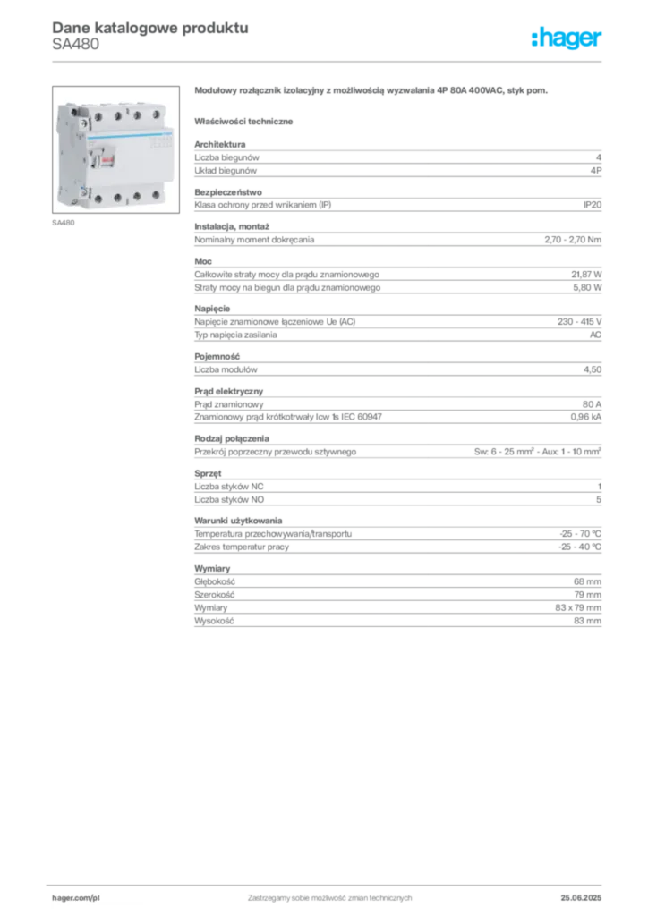 Zdjęcie Hager Dane katalogowe produktu SA480 | Hager Polska