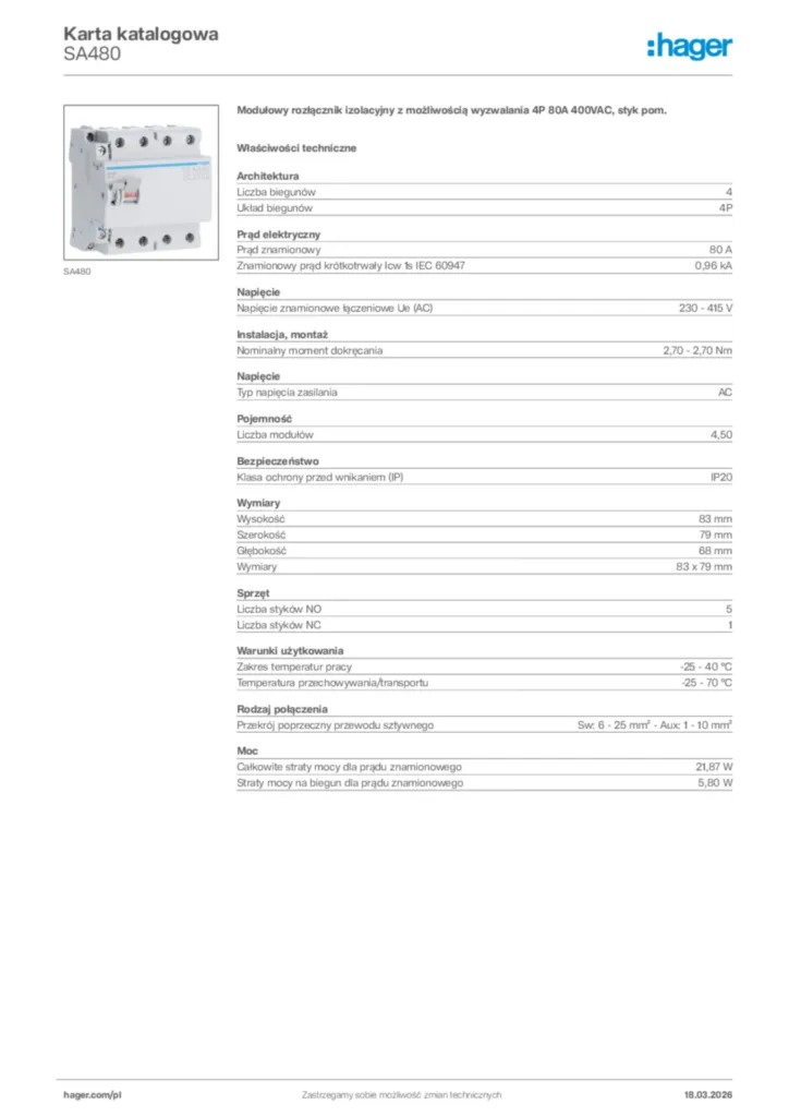 Zdjęcie Hager Karta katalogowa SA480 | Hager Polska
