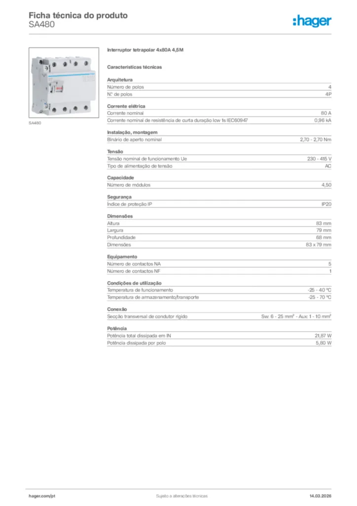 Imagem Hager Ficha técnica do produto SA480 | Hager Portugal