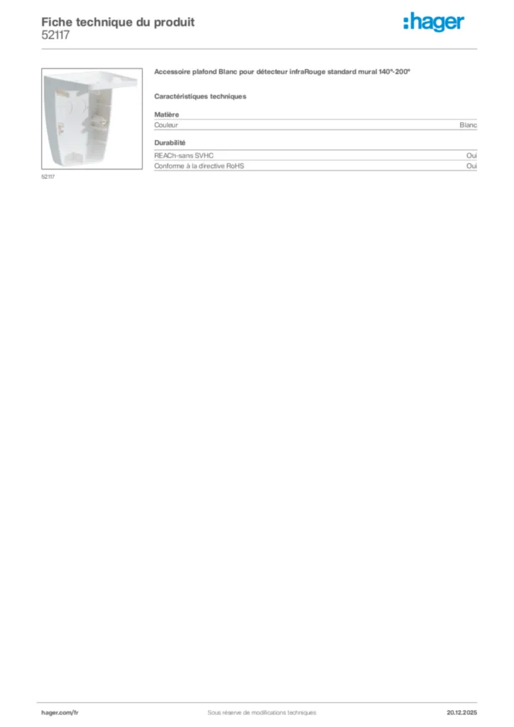 Image Hager Fiche technique du produit 52117 | Hager France