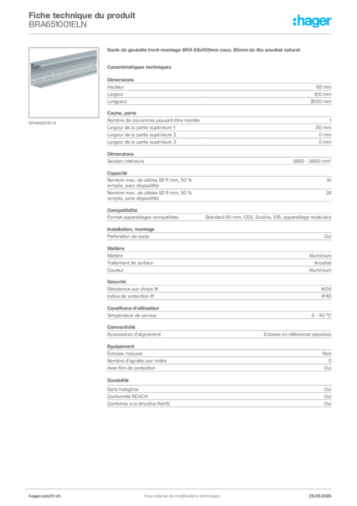 Image Hager Fiche technique du produit BRA651001ELN | Hager Suisse