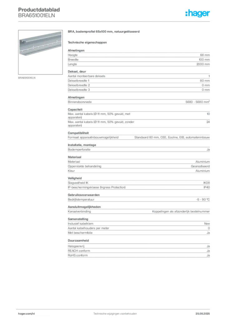 Afbeelding Hager Productdatablad BRA651001ELN | Hager Nederland