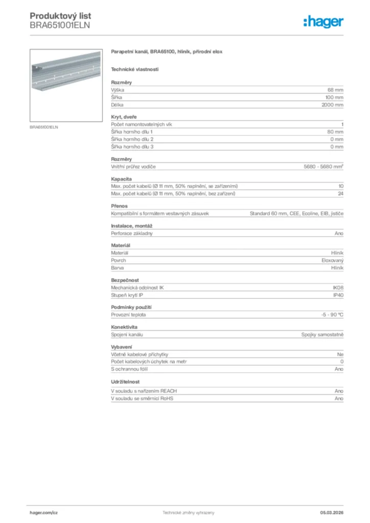 Obrázek Hager Product data sheet BRA651001ELN | Hager