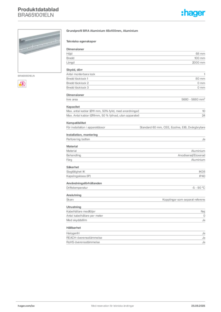 Bild Hager Produktdatablad BRA651001ELN | Hager Sverige