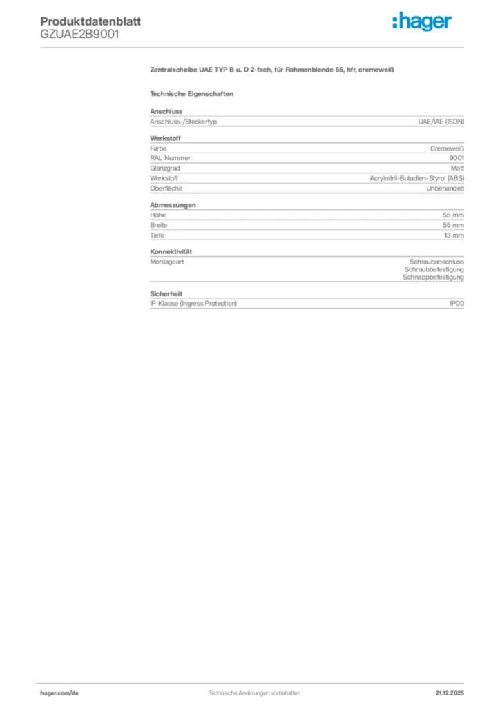 Bild Hager Produktdatenblatt GZUAE2B9001 | Hager Deutschland