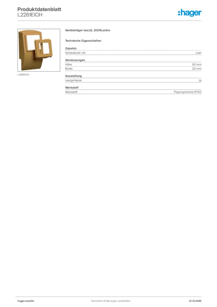 Bild Hager Produktdatenblatt L2261EICH | Hager Deutschland