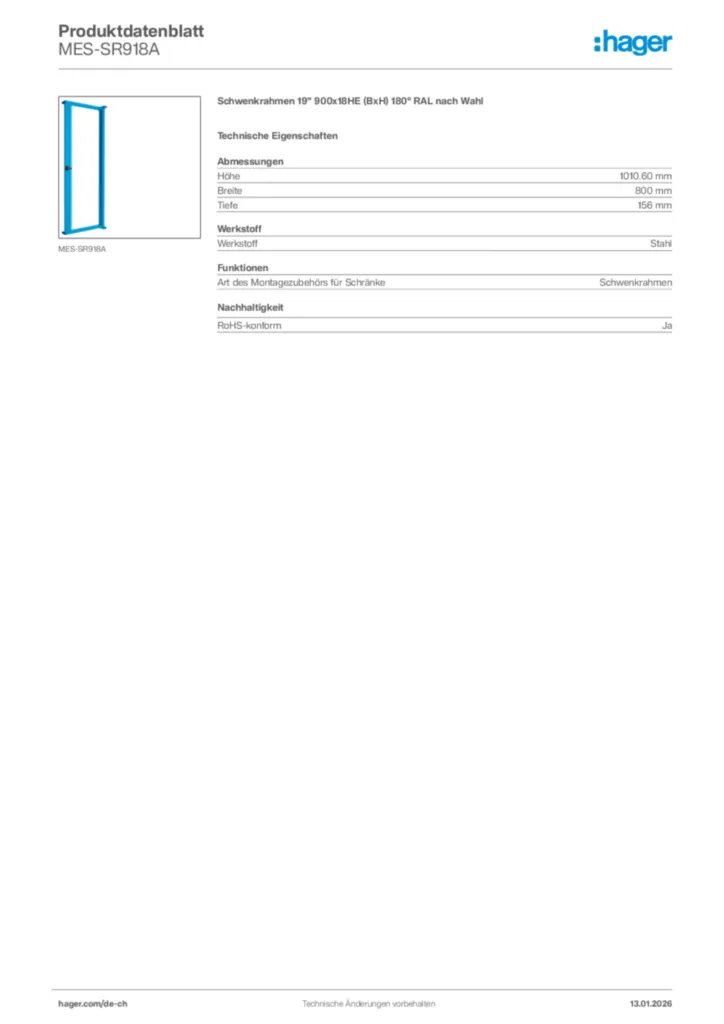 Bild Hager Produktdatenblatt MES-SR918A | Hager Schweiz