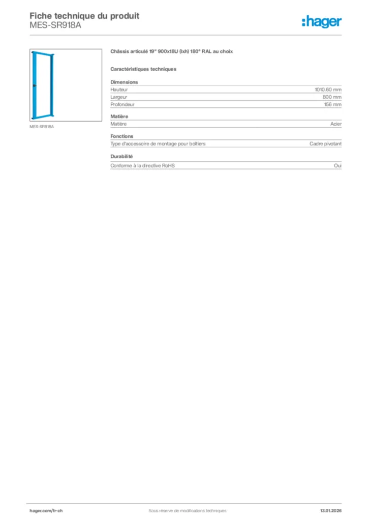 Image Hager Fiche technique du produit MES-SR918A | Hager Suisse