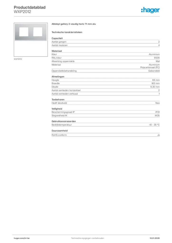 Afbeelding Hager Productdatablad WXP2012 | Hager Belgium