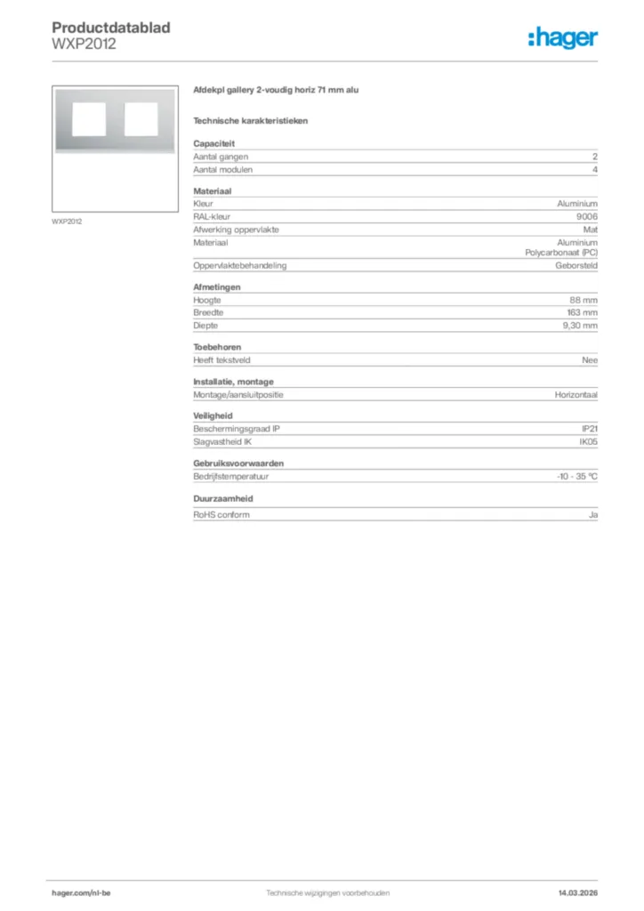 Afbeelding Hager Productdatablad WXP2012 | Hager Belgium