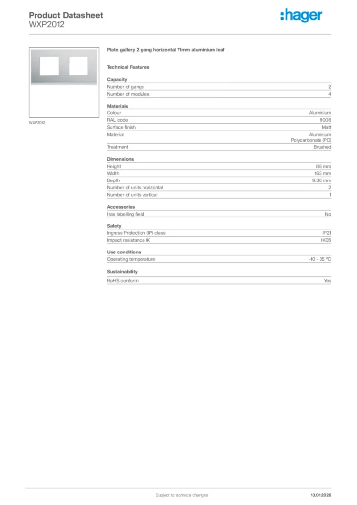 Image Hager Product data sheet WXP2012  | Hager