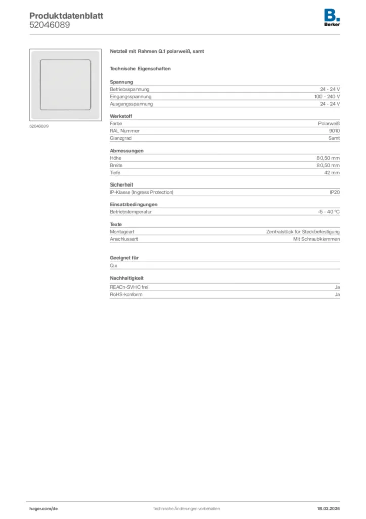 Bild Berker Produktdatenblatt 52046089 | Hager Deutschland